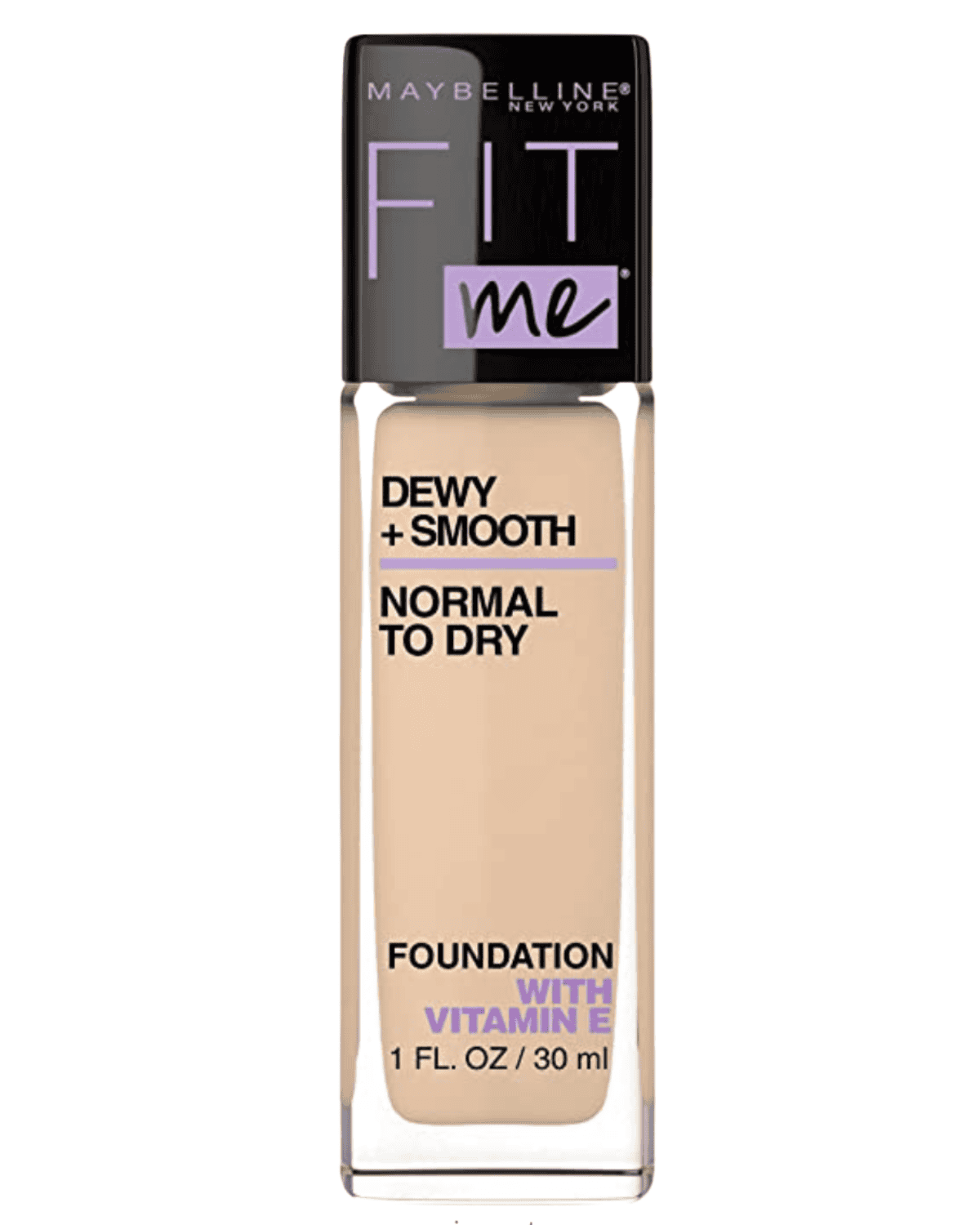 A bottle of Maybelline Fit Me foundation, one of the best cheap makeup options on Amazon, is displayed against a white background. The label reads "Dewy + Smooth" and "Normal to Dry," highlighting its Vitamin E content. The bottle size is 1 FL. OZ / 30 mL.