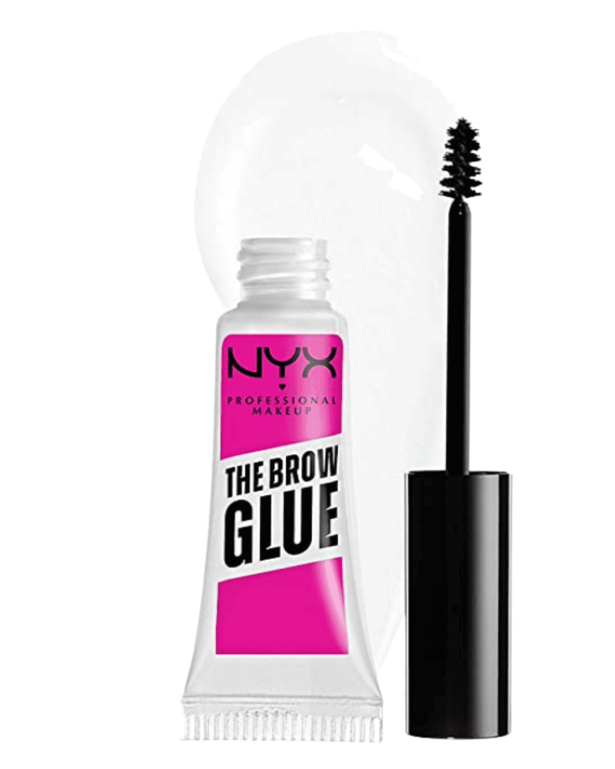 A clear tube of NYX Professional Makeup "The Brow Glue" with a black applicator brush is showcased against a white background. Known as one of the best cheap makeup finds on Amazon, a swatch of the clear gel is visible behind it.