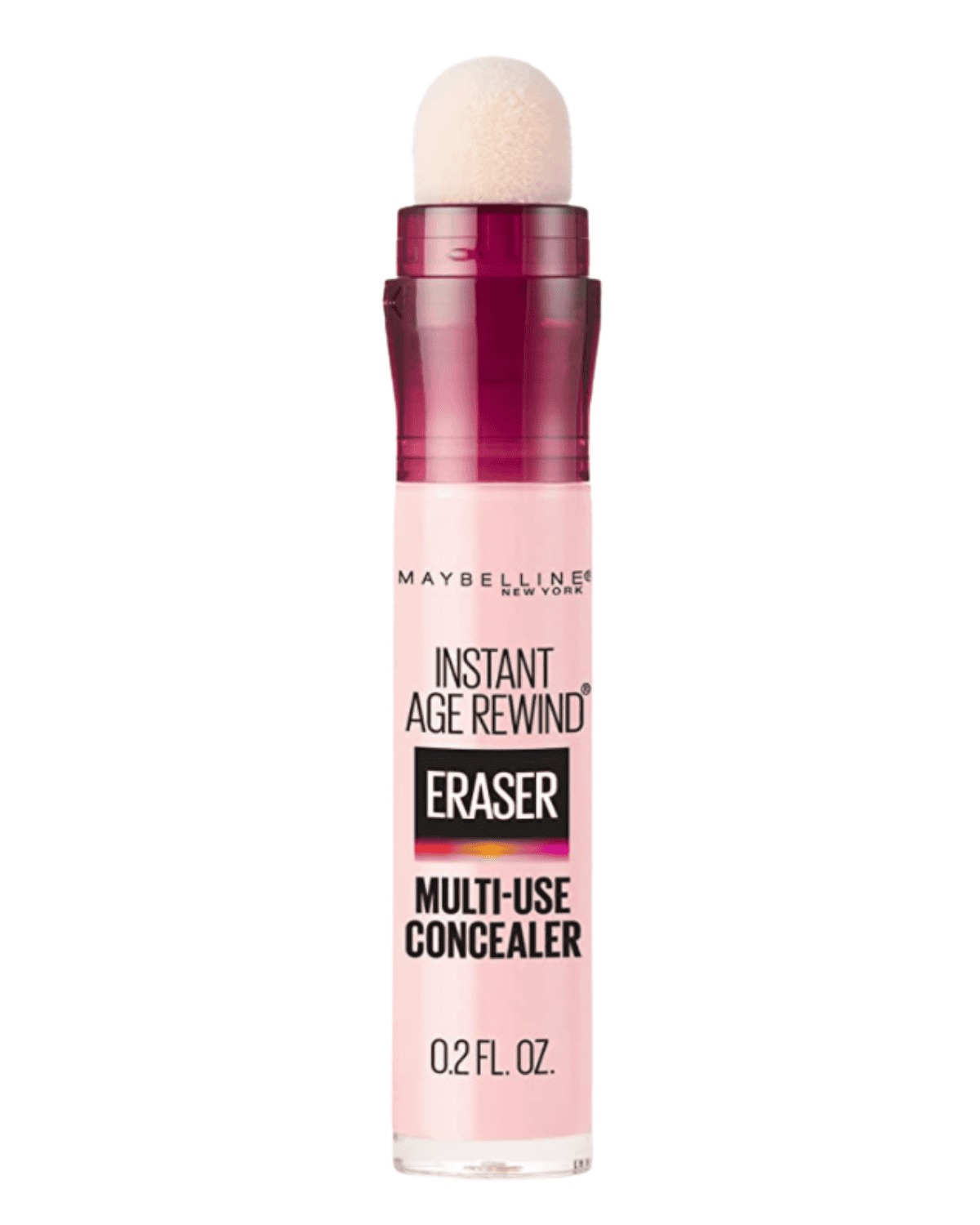 The pink tube of Maybelline Instant Age Rewind Eraser Multi-Use Concealer with a round sponge applicator top, known as one of the best cheap makeup finds on Amazon, showcases its name prominently and holds 0.2 fluid ounces.