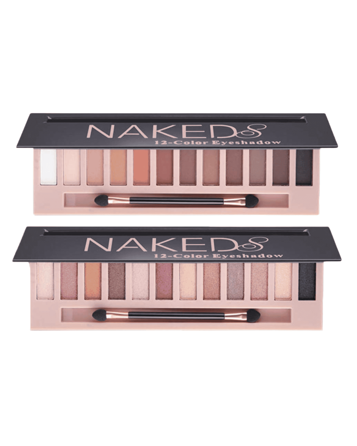 Two open eyeshadow palettes with black lids labeled "NAKEDS." Each contains 12 stunning shades, ranging from white to pink, mauve, and brown. A dual-ended applicator is included in each palette. Discover the best cheap makeup on Amazon with these versatile options.