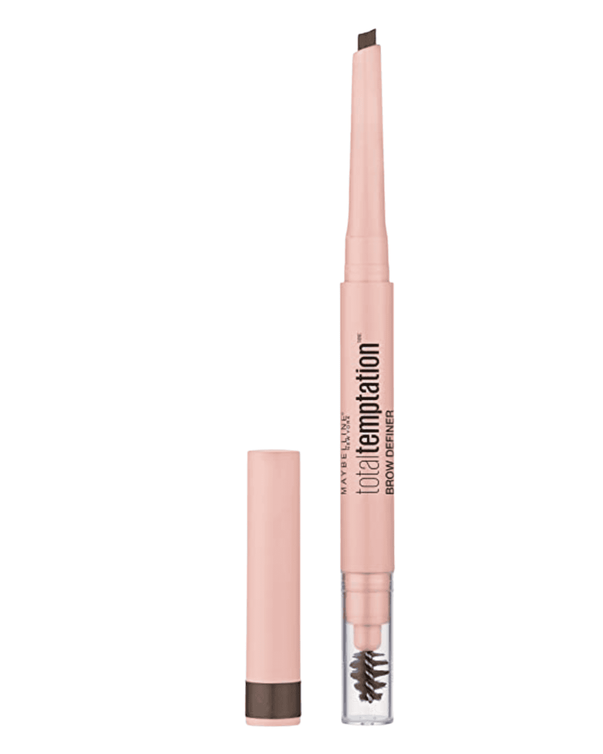 A pink eyebrow pencil labeled "total temptation brow definer" is shown. The pencil, featured under Best Cheap Makeup on Amazon, has a slanted tip for precise application and a spoolie brush at the opposite end. The cap is off and positioned next to the pencil.