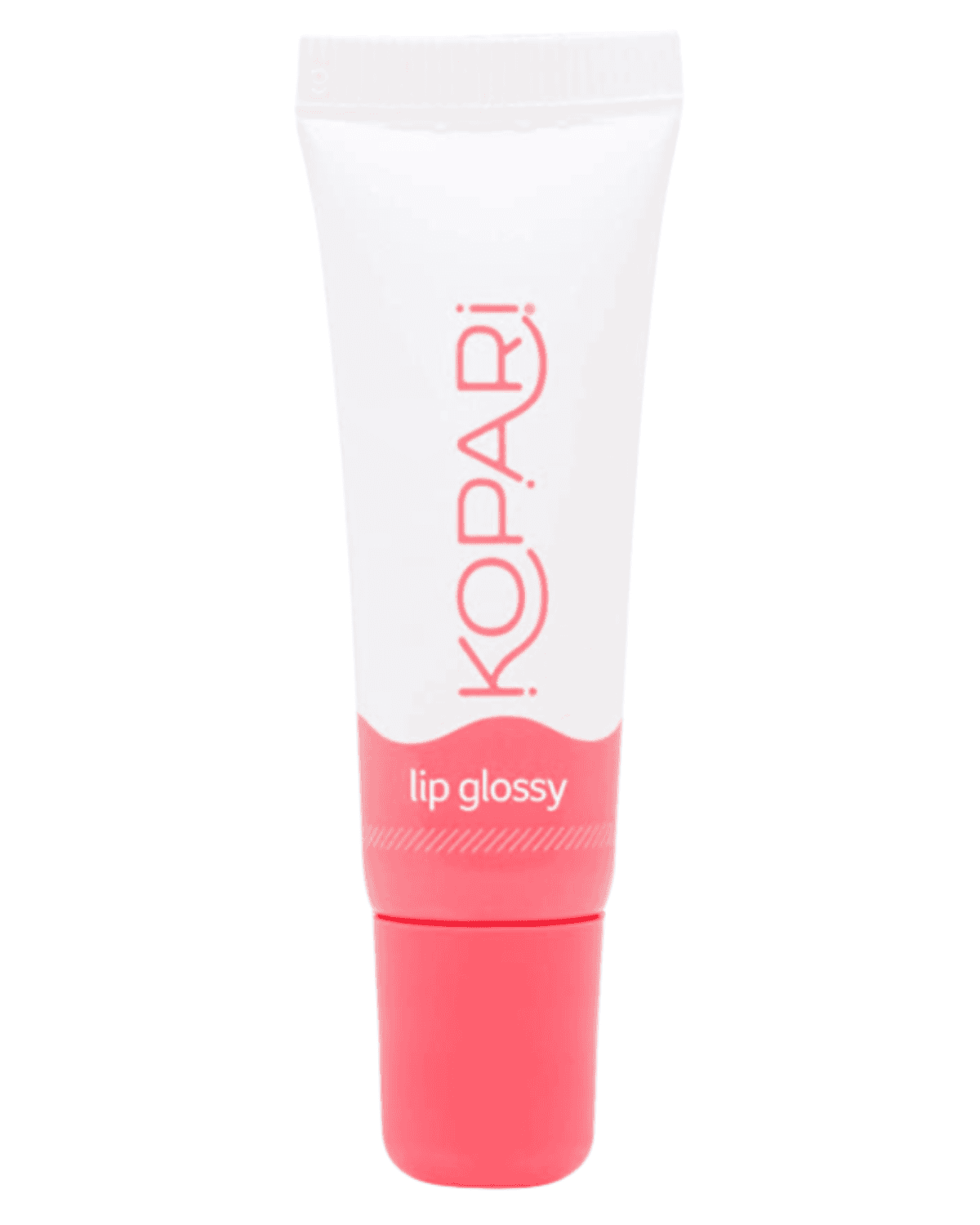 A small white and pink tube of lip gloss with a coral-colored cap, perfect for those seeking the best cheap makeup on Amazon. The label reads "Kopari" in red and "lip glossy" beneath it. Its design is simple and modern, offering style without breaking the bank.