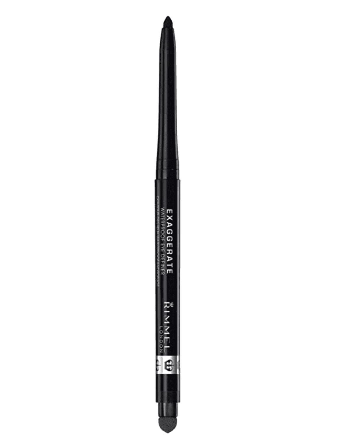 A black eyeliner pencil with a pointed tip, featuring the text "EXAGGERATE" and "Rimmel" on the side. The pencil includes a built-in smudger at the opposite end, perfect for achieving stunning looks. Discover this gem among the best cheap makeup on Amazon, set against a plain white background.