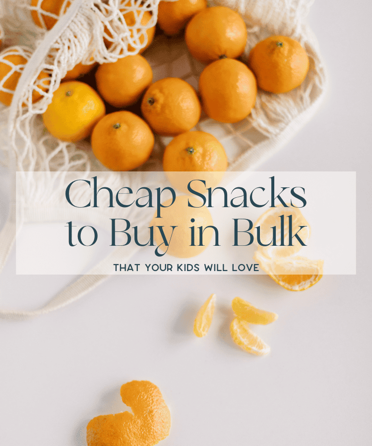 Oranges in a mesh bag with text overlay reading "Cheap Snacks to Buy in Bulk That Your Kids Will Love".