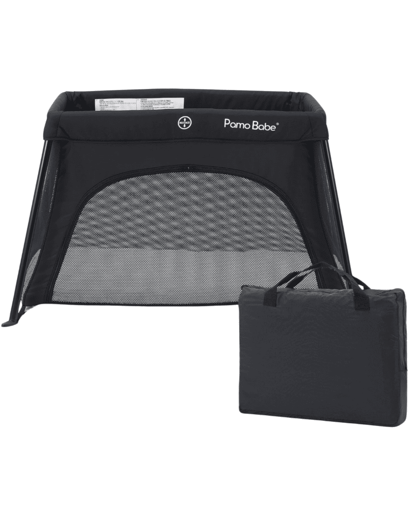 Black portable playpen with mesh sides from Pamo Babe, shown beside its carrying case. This essential piece of travel gear for kids is compact and designed for easy travel or storage.