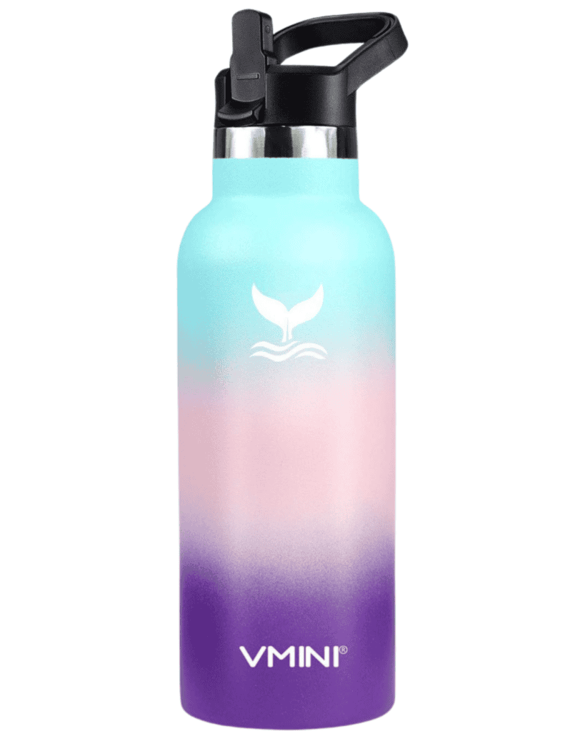 A gradient water bottle, perfect travel gear for kids, features a logo on the front. Colors blend from teal at the top to pink in the middle and purple at the bottom. The black cap has a handy spout and handle. The brand name "VMINI" graces the bottom.