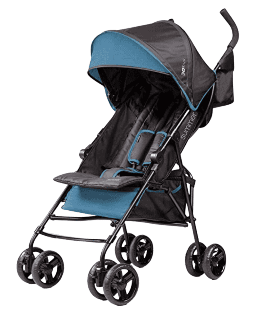 A lightweight, foldable stroller perfect as travel gear for kids, featuring a dark blue and black canopy, padded seat, and safety harness. It boasts four sets of dual swivel wheels and ergonomic handles for easy mobility.