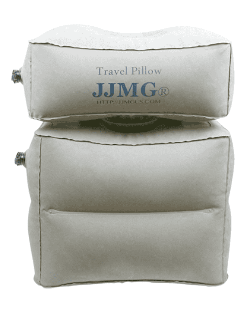 This gray inflatable travel pillow, perfect as travel gear for kids, features two stacked cushions and a side valve. The top cushion displays the "Travel Pillow JJMG" branding alongside the website URL, ensuring comfort and convenience for little adventurers.