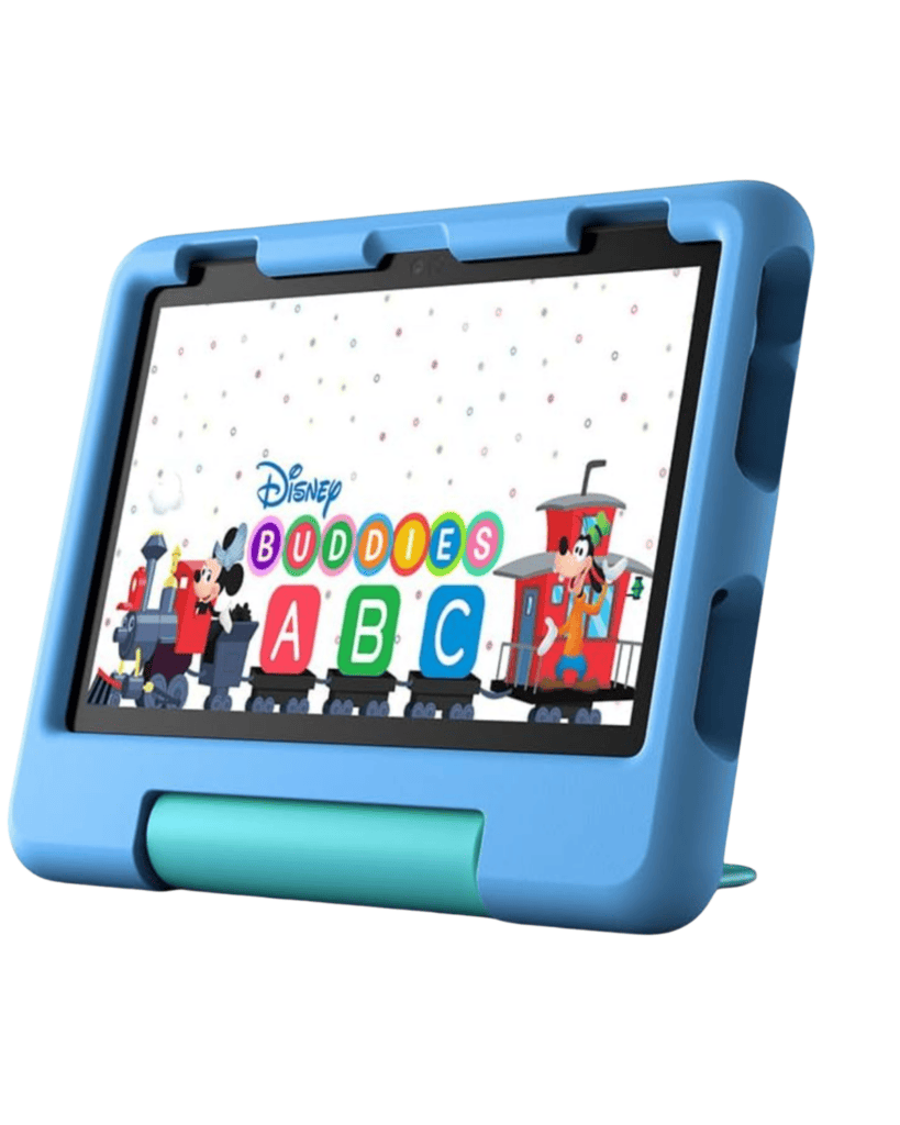 The tablet, encased in blue, showcases a kids' educational app titled "Disney Buddies ABC," with colorful letters and cartoon characters on a train. It's the perfect piece of travel gear for kids, designed to entertain and educate during journeys.