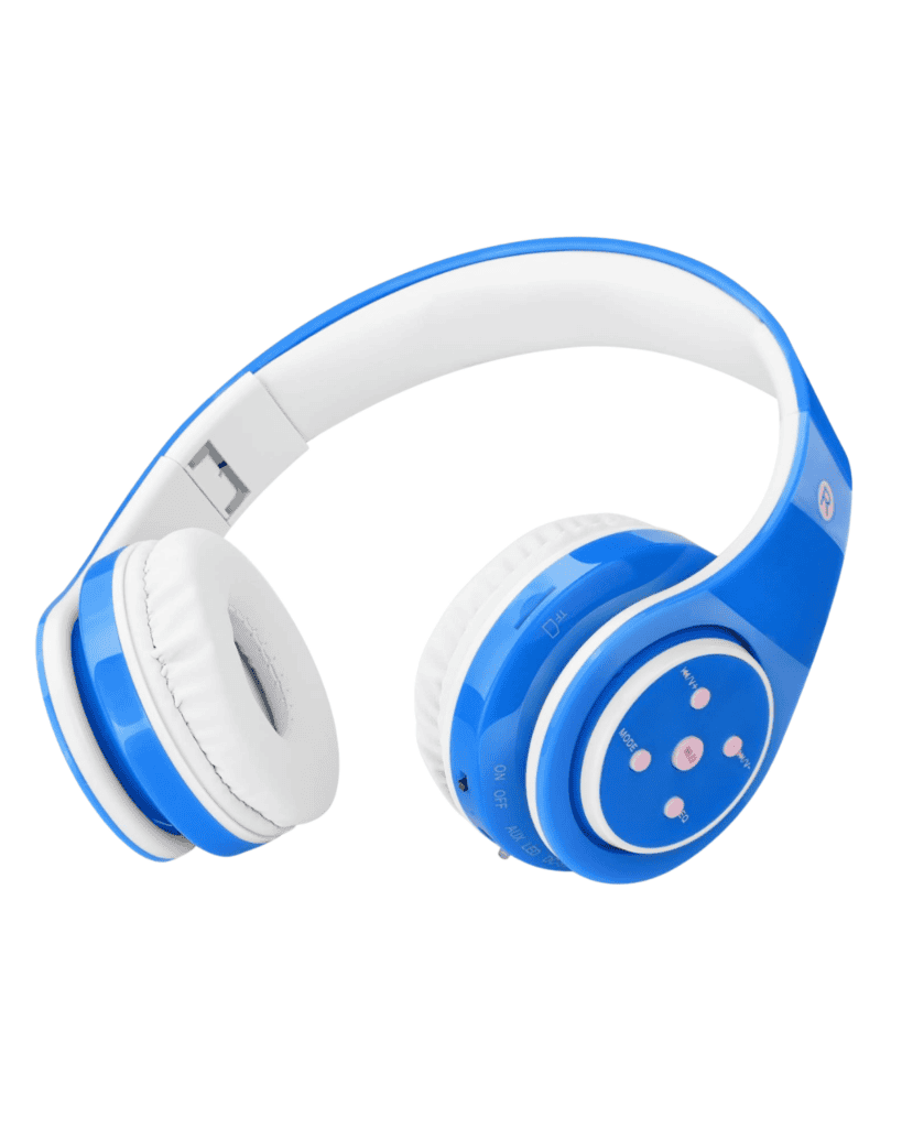 These blue and white over-ear headphones are perfect travel gear for kids, featuring cushioned ear pads and convenient control buttons for volume and playback on the side. The headband shares the same playful design, ensuring comfort and style on every adventure.