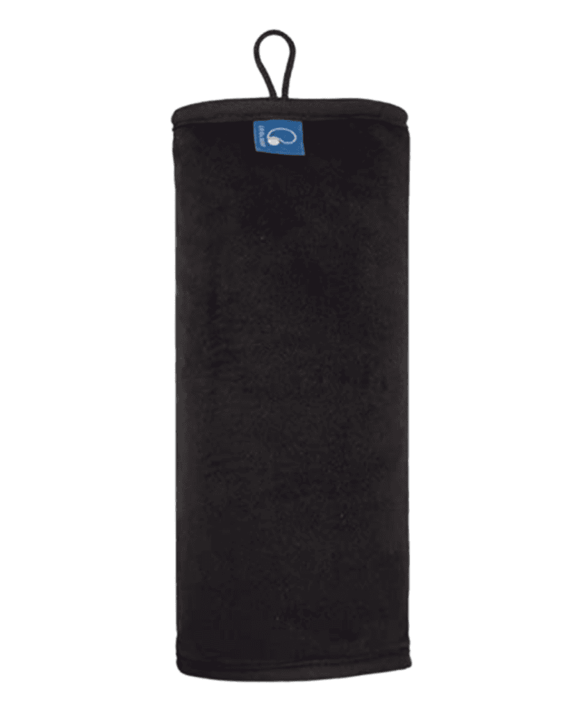 A black rolled-up towel, perfect as travel gear for kids, features a handy hanging loop at the top and a small blue tag attached near the loop.