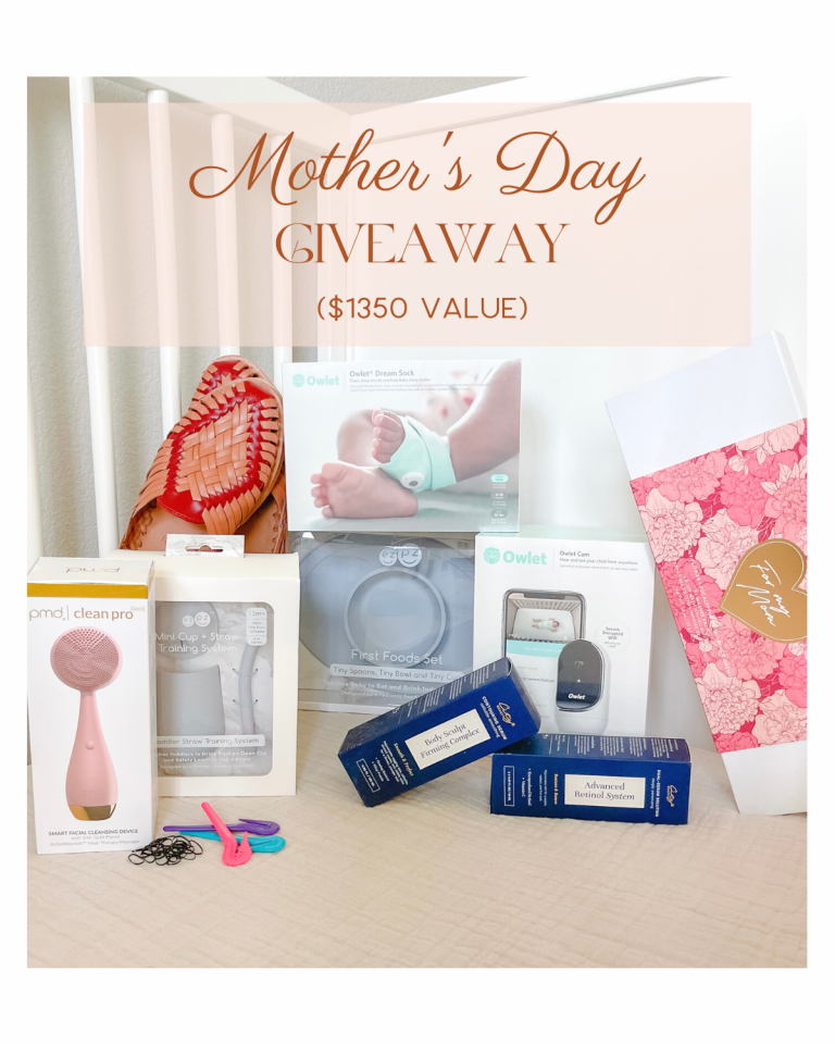 A Mother's Day giveaway display featuring a hairbrush, baby monitors, hairdryer, gift cards, baby care items, and a floral gift bag. The total value of the giveaway is $1350. The text "Mothers Day Giveaway ($1350 Value)" is prominently written at the top.