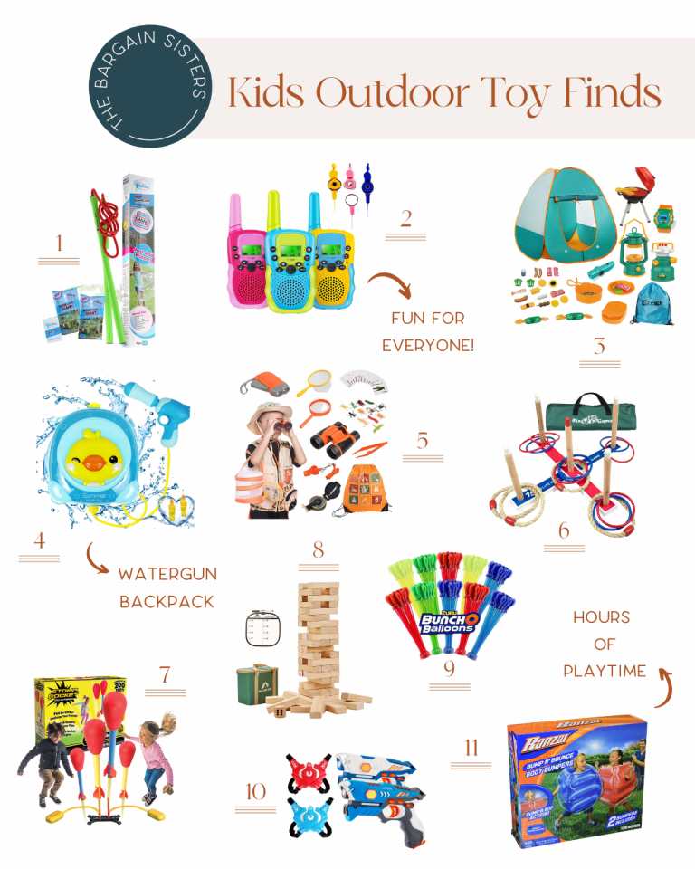 A colorful flyer titled "Kids Outdoor Toy Finds" from "The Bargain Sisters". It showcases various outdoor toys such as water guns, walkie-talkies, bowling sets, bubble makers, ring toss, and more, with numbered images and descriptions for each product.