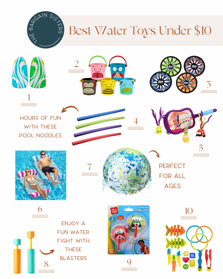 An infographic titled "Best Water Toys Under $10" by The Bargain Sisters showcases ten affordable water toys. Items include flippers, animal-themed buckets, water guns, diving rings, pool noodles, dive sticks, water balls, and water blasters.