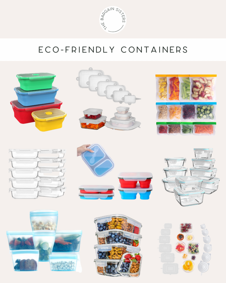 A collage showcasing various eco-friendly food storage containers, featuring silicone bags, glass containers, reusable plastic containers, and stackable boxes. These eco-friendly containers hold fruits, vegetables, and liquids. The text reads "Eco-Friendly Containers.