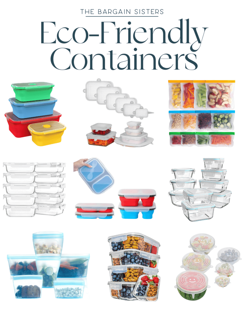 Collage of eco-friendly containers like stackable boxes, storage bags, and jars brimming with vibrant food items. The text reads "The Bargain Sisters: Eco-Friendly Containers.