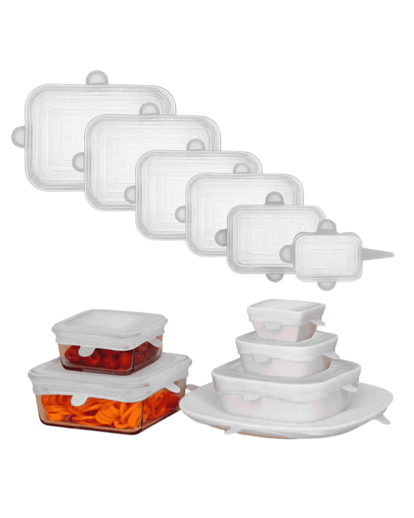 A set of transparent, square silicone stretch lids in various sizes showcases their eco-friendly design. Below, three food containers filled with different foods are covered with the lids, highlighting a sustainable way to preserve freshness.