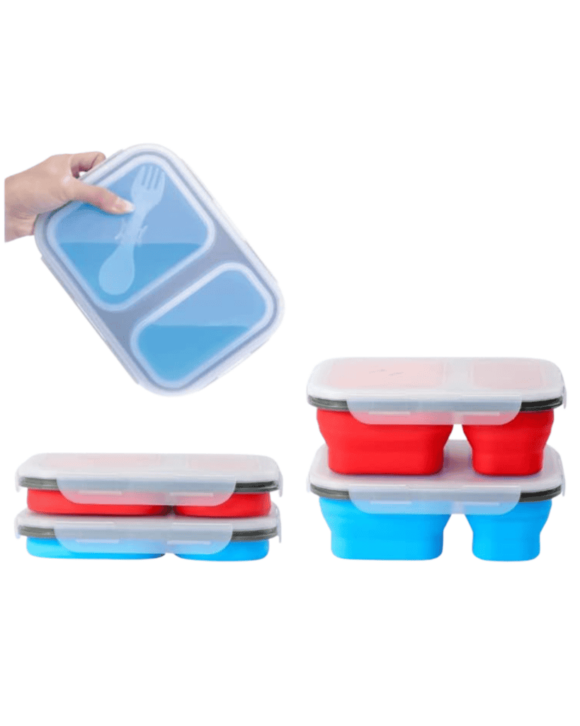 Collapsible eco-friendly silicone lunch containers in blue and red are stacked. One clear lid has compartments and a utensil section. A hand holds one container, showcasing its compact form for easy storage.