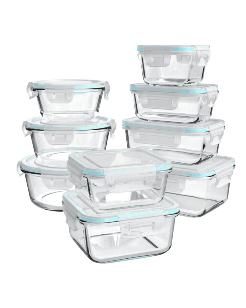 A collection of eight eco-friendly clear glass food storage containers with light blue lids. The containers come in various shapes and sizes, including round and rectangular, and are stacked in two groups.