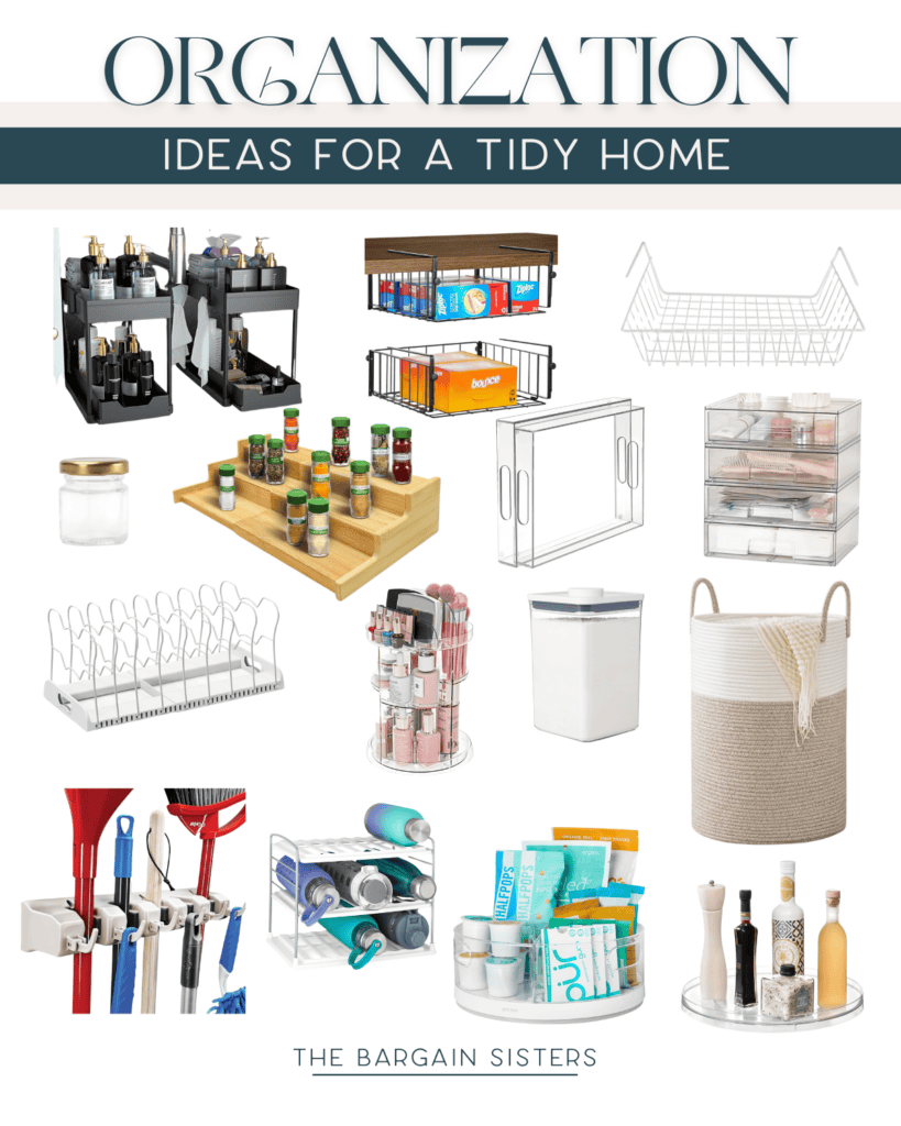 Collage of home organization products including spice racks, storage bins, wall shelves, a cutlery holder, a rotating beauty organizer, a laundry basket, cable clips, and storage containers. Text reads "Storage and Organization Ideas for a Tidy Home.