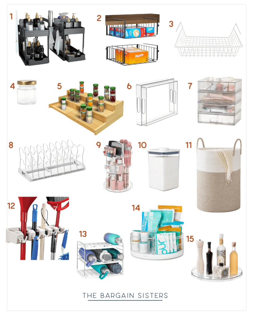 A collage of 15 home organization ideas, featuring rack systems, jars, spice racks, storage organizers, a broom holder, a wine holder, and a lazy Susan. Each product is numbered against a white background. Text reads "The Bargain Sisters." Perfect for closet storage and organization enthusiasts.