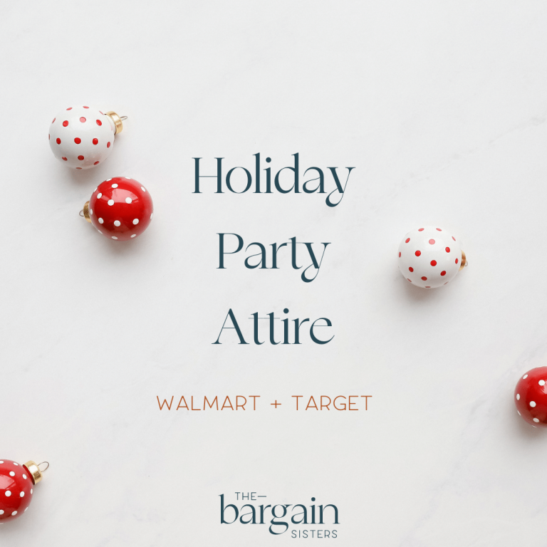 The image has a white marble background with red and white polka dot ornaments scattered around. Text in the center reads "Holiday Party Attire" with "Walmart + Target" below it. The Bargain Sisters logo is at the bottom, adding a festive touch to your party planning.