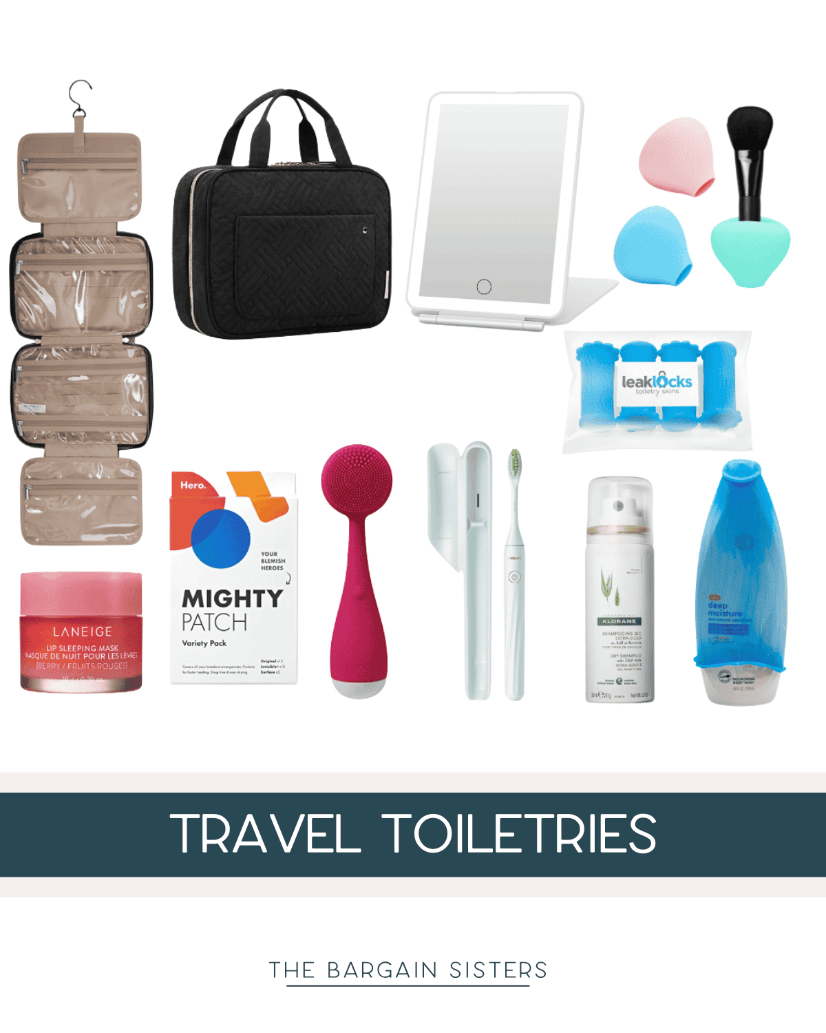 Collage of travel essentials, featuring a hanging organizer bag, lighted mirror, silicone containers, makeup brush, patches, pink cleansing brush, toothbrush case, tooth gel, and small shampoo and conditioner bottles. Text reads: "Travel Toiletries.