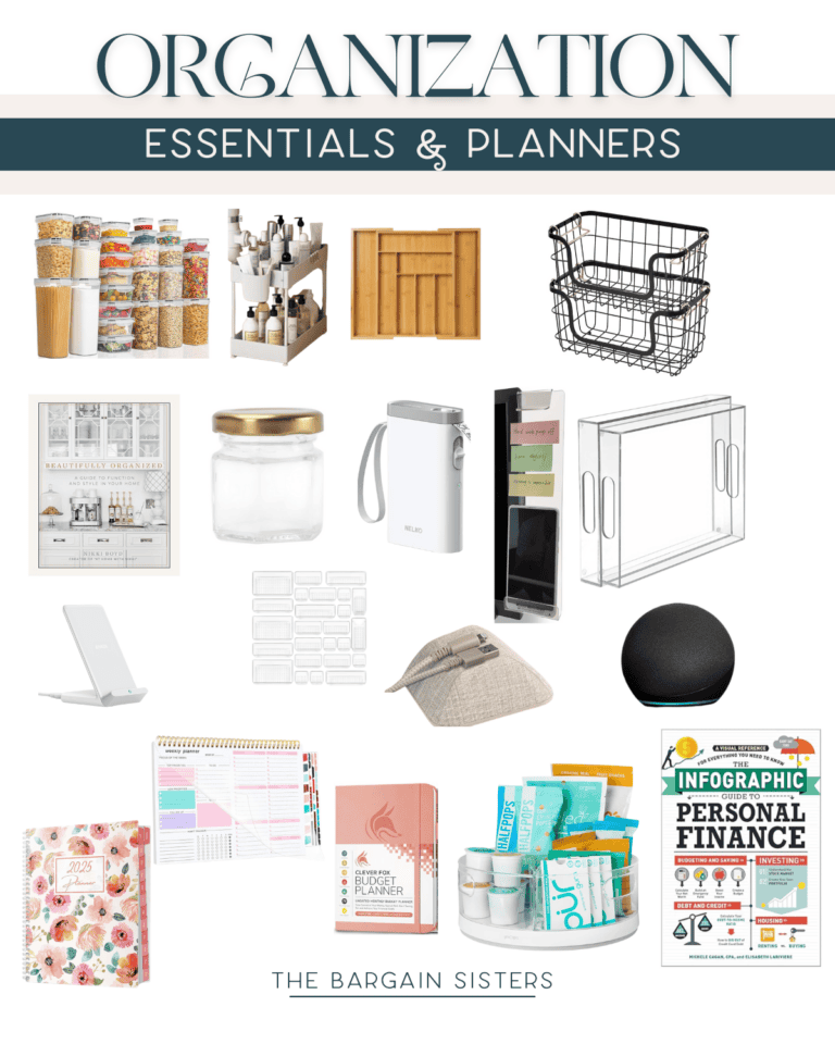 Collage of storage and organization items, including spice jars, a lazy Susan, baskets, planners, labels, and closet storage solutions. The title reads "Organization Essentials & Planners" with a decorative border.