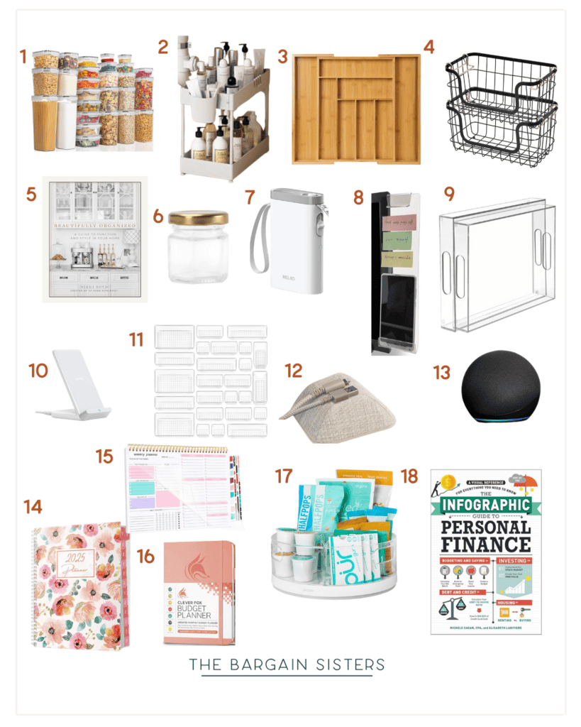 A collage of 18 stylish storage and organization ideas: storage jars, a container organizer, wooden shelf, wire baskets, wall art, glass jar, diffuser, wall organizer, file holder, phone stand, desk organizer, fabric doorstop, smart speaker, planner, budgeting chart, and pantry organizer.