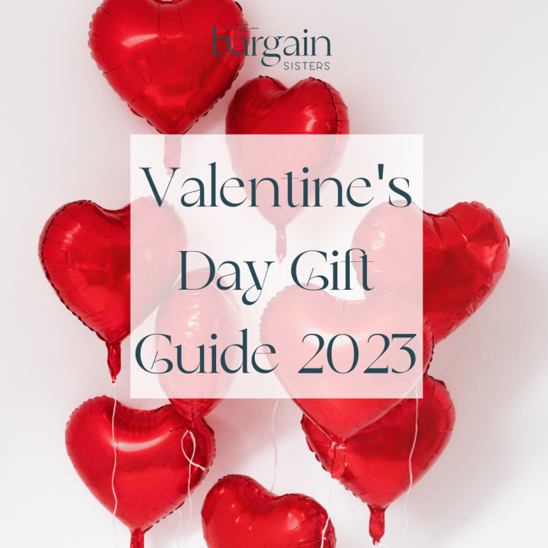 A group of red heart-shaped balloons surrounds a white box in the center with text that reads, "Valentine's Day Gift Guide 2023." At the top, the logo "the bargain SISTERS" stands out. The background is plain white, setting a perfect valentine's theme.