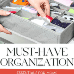 Hands meticulously organizing colorful socks in a drawer organizer. Text on image: "MUST-HAVE ORGANIZATION - Essentials for Moms and Planners" and "THE BARGAIN SISTERS.