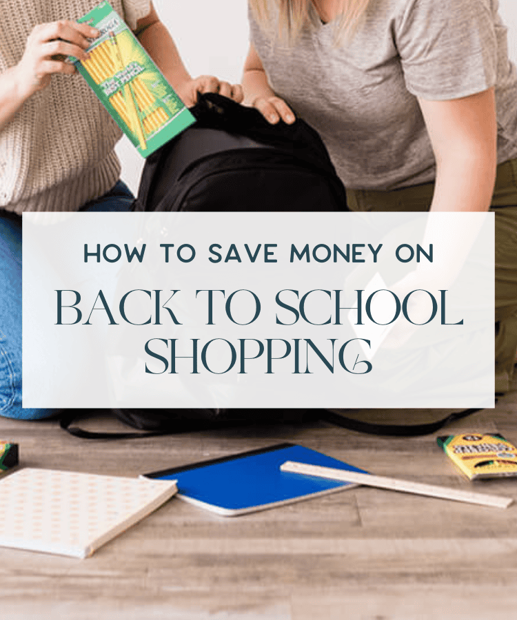 Two people organizing school supplies with a "How to Save Money on Back to School Shopping" sign in the foreground.