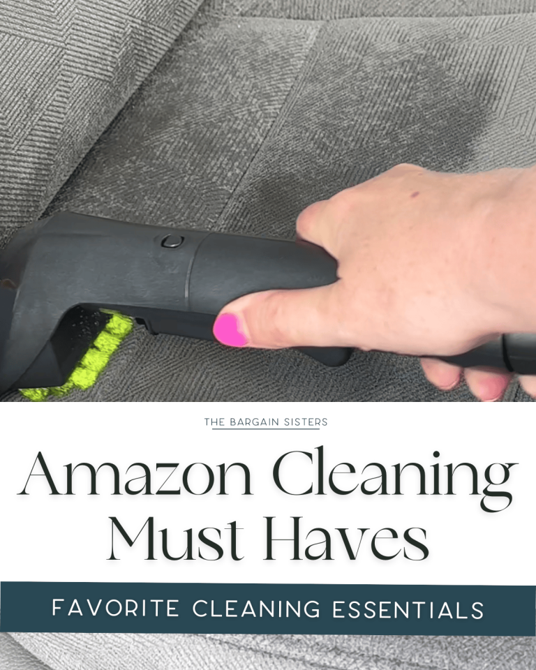 Hand with pink nail polish using a cleaning tool on upholstery with text overlay: "Amazon Cleaning Must Haves – Favorite Cleaning Essentials.