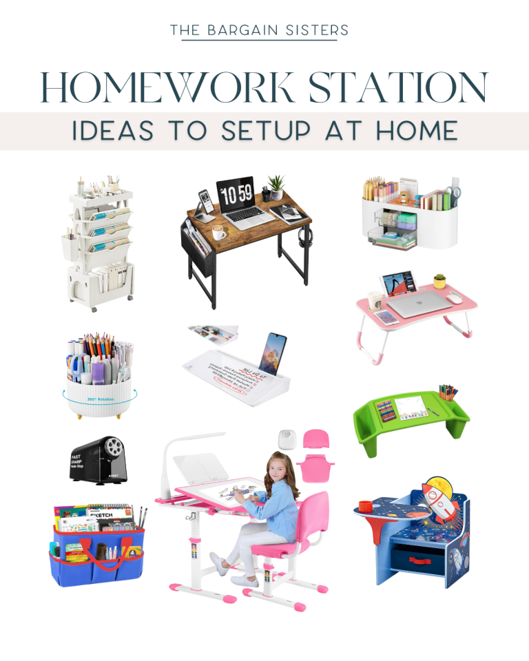 Various homework station ideas including desks, organizers, a laptop stand, and a child at a pink adjustable desk.