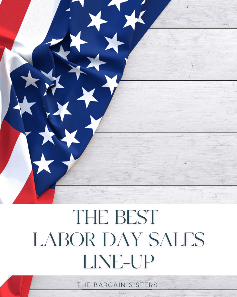 Labor Day sales promotion with stars-and-stripes flag on white wood background; text reads "The Best Labor Day Sales Line-Up.