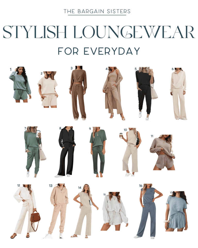 A collection of 17 stylish loungewear outfits in various neutral and soft colors, featuring joggers, shorts, and comfy tops.