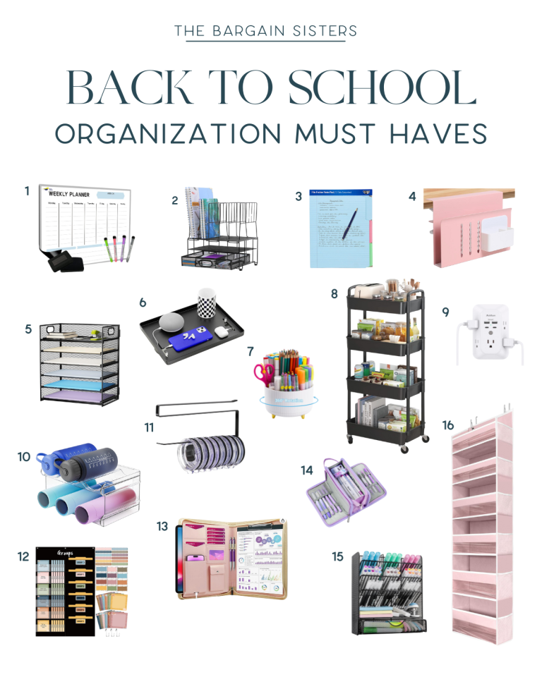 Collage of 16 back to school organization items, including planners, storage solutions, bookshelves, and office supplies.