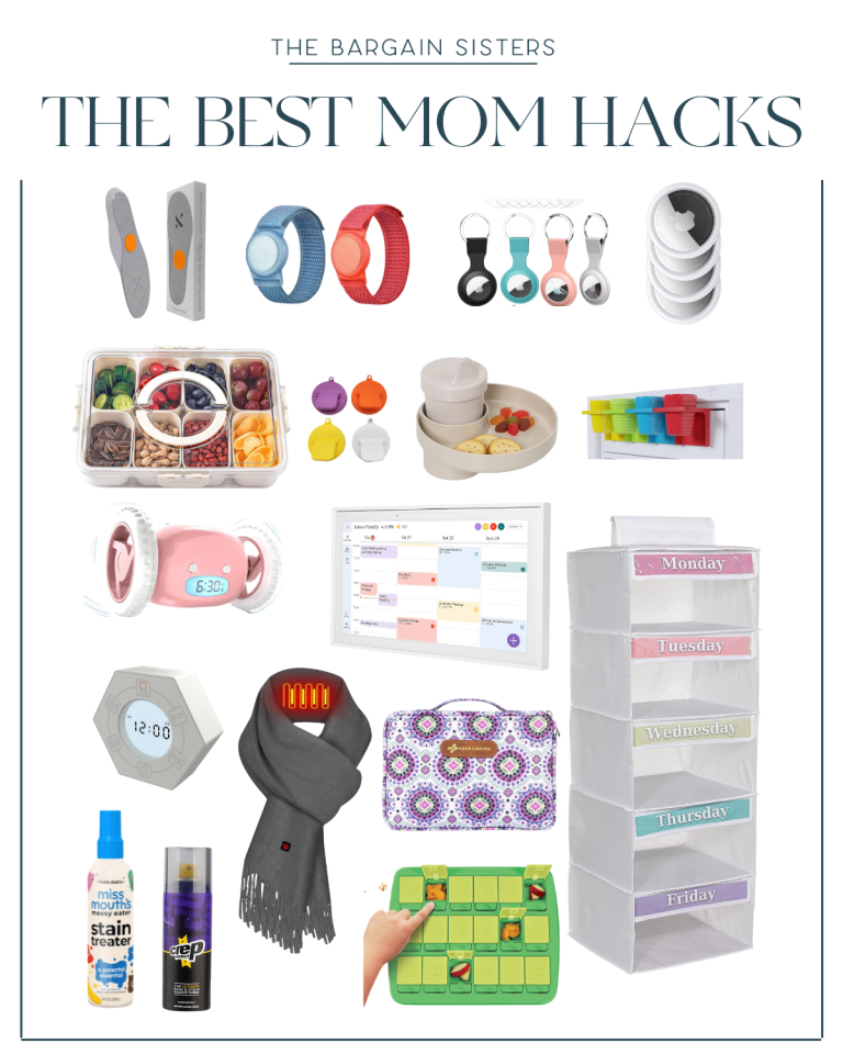 A collage of various mom hacks including organizers, gadgets, a food container, a portable stain remover, and a children's play mat.