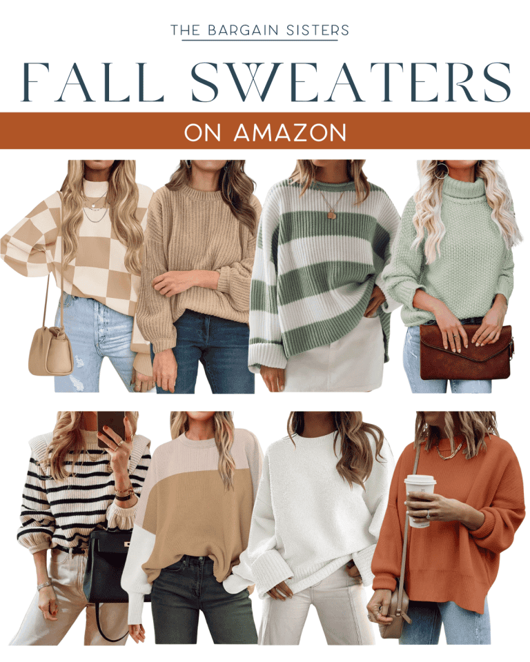 Women modeling various stylish fall sweaters available on Amazon, including striped, checkered, and solid-color designs.