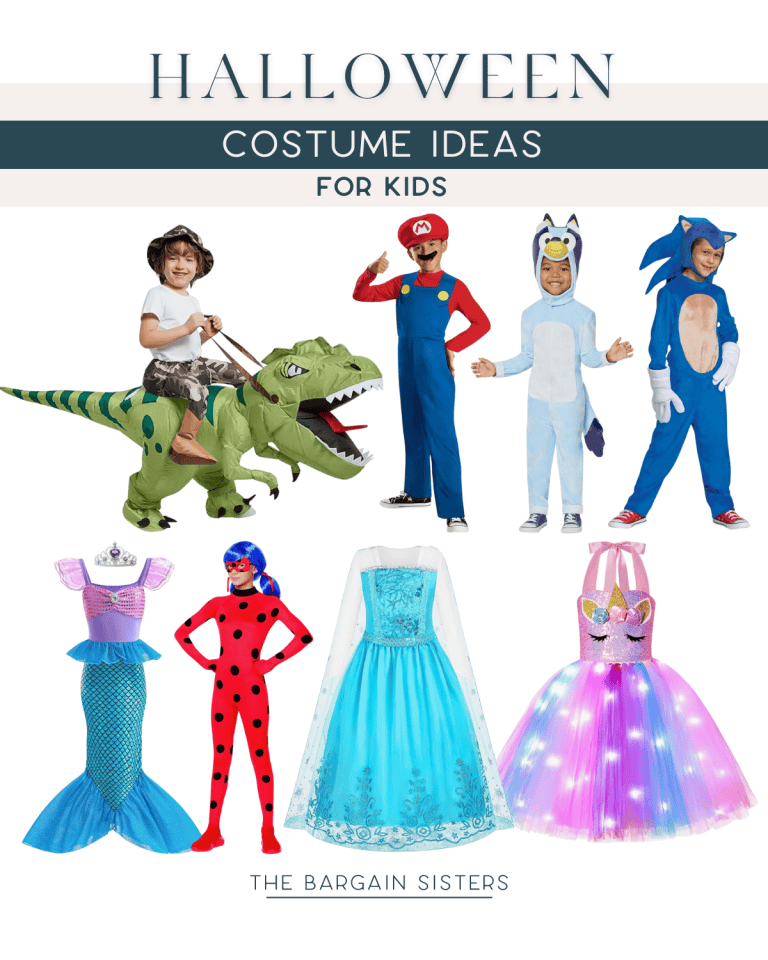 Kids' Halloween costumes: dinosaur rider, plumber, blue hedgehog, mermaid, ladybug, blue princess dress, and unicorn dress.