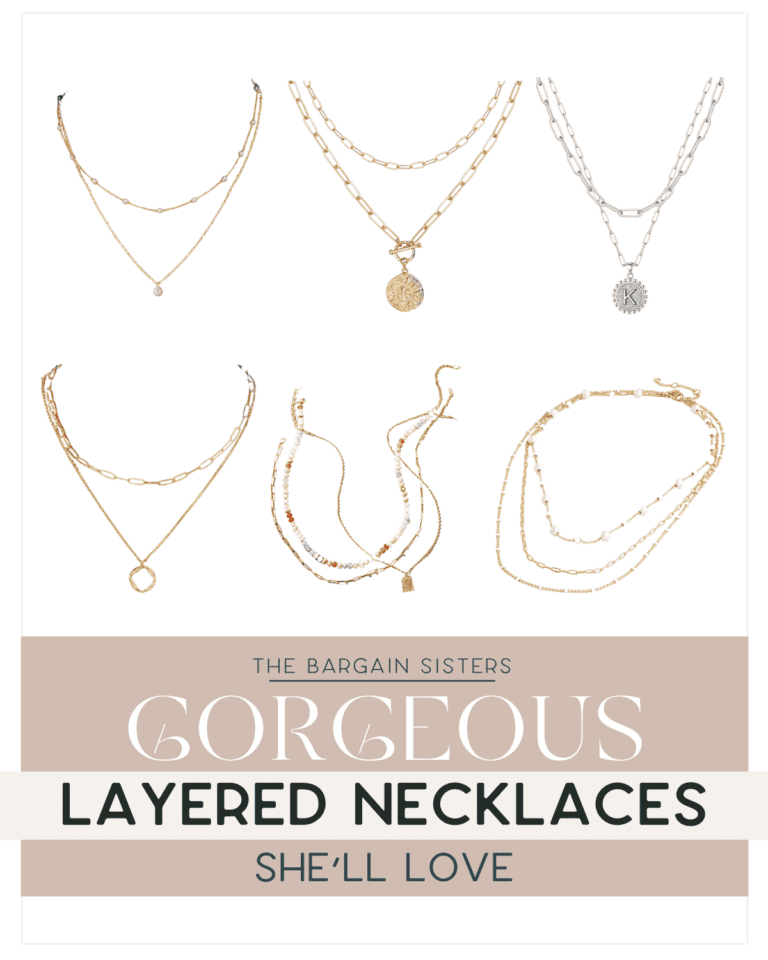 Advertisement showcasing six distinct styles of layered necklaces for women, featuring chains, pendants, and beads. Text reads "The Bargain Sisters: Gorgeous Layered Necklaces She’ll Love.