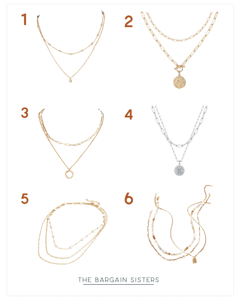 Image showcasing a dazzling collection of six layered necklaces for women, labeled 1 through 6. Each piece boasts a unique design with chains, pendants, and beads in gold and silver tones. The bottom text reads "The Bargain Sisters.