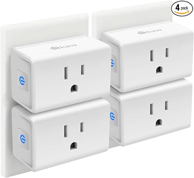 Image of four white smart plugs from Kasa, plugged into two wall sockets. Each plug features a power button and standard two-prong outlets in a compact design, perfect for home automation. The top right corner indicates a 4-pack, making it an ideal choice for Monday Deals.