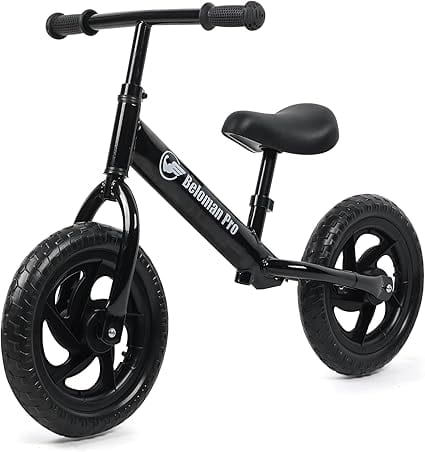 The "Baleman Pro" black balance bike is ideal for children, featuring two wheels, a padded seat, and sturdy handlebars. Grab yours during our Thursday Deals for exceptional savings on this top-notch model.