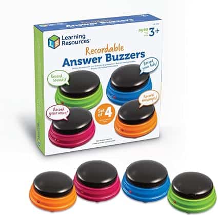 A set of four colorful recordable answer buzzers, perfect for budding quiz masters. In vibrant red, green, blue, and orange, these playful gadgets offer endless fun. Marked for ages 3 and up, they're ideal for capturing sounds and messages—perfect picks for Wednesday Deals!