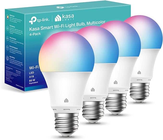 A box labeled "Kasa Smart Wi-Fi Light Bulb, Multicolor" is showcased alongside four vibrant LED light bulbs. The bulbs cast a mesmerizing gradient of blue, purple, and pink hues, perfect for brightening any space. Grab them now as part of our exclusive Wednesday Deals!