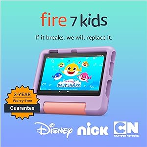 Image of a Fire 7 Kids tablet in a purple case showing the "Baby Shark" video. Text reads: "fire 7 kids. If it breaks, we will replace it." Featuring logos of Disney, Nick, and Cartoon Network with a 2-year worry-free guarantee badge. Keep an eye out for Thursday Deals!