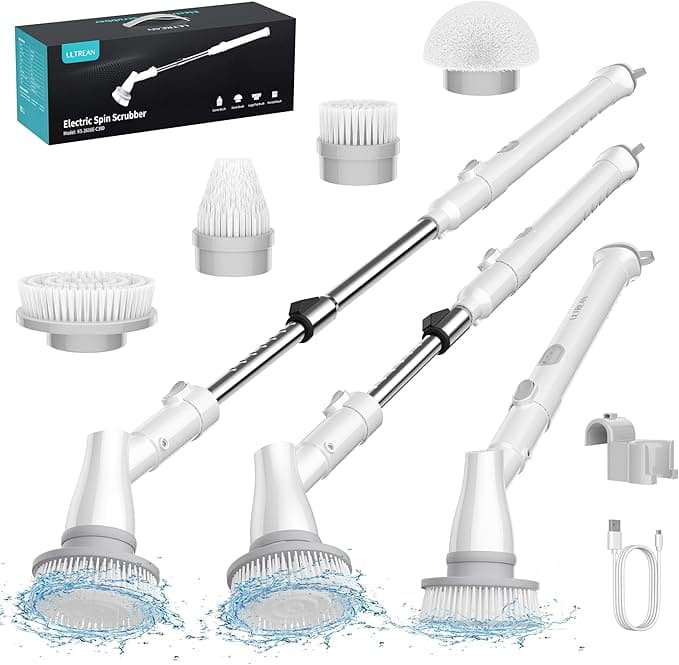 Discover the Electric Spin Scrubber set, perfect for Tuesday Deals, featuring various brush heads and two extendable handles. Complete with a charging cord, this scrubber makes cleaning a breeze. Watch it in action as it splashes water; the product box adds a touch of convenience to your purchase.