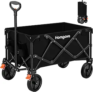 A black foldable utility wagon with four wheels and a collapsible handle, perfect for Thursday Deals. The wagon, branded with "Homgava," offers a compact folded version in the top right corner. Ideal for carrying various items efficiently.