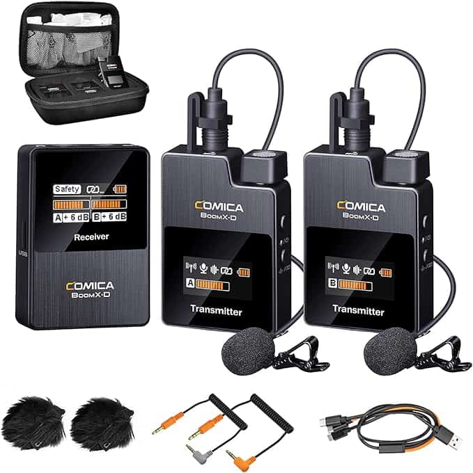 Discover the Comica BoomX-D wireless microphone system, perfect for any setting, featuring two transmitters, a receiver, and various accessories like cables and windshields. Plus, it all comes in a handy carrying case. Don't miss out on our exclusive Monday Deals for great savings!